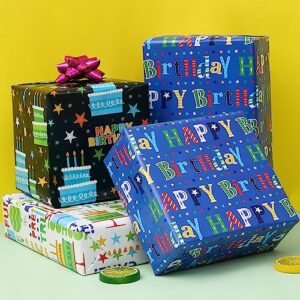 BOLIANNE Birthday Wrapping Paper - Gift Wrapping Paper for Boys Girls Kids Men Women with Happy Birthday, Cakes, 6 Large Sheets Gift Wrap for Baby Shower, Folded Flat, 27 X 37 Inch