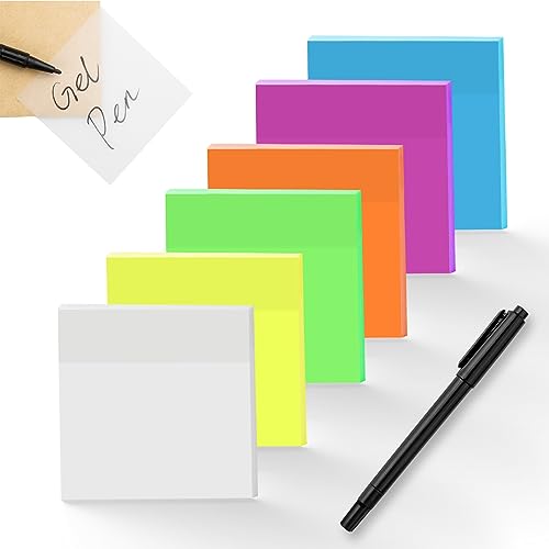 Transparent Sticky Notes 3" x 3" with Gel Pen, 6 Pads High Transparency Post Sticky Notes Clear Translucent Can Write See Through Stickers for Office School Planner Reminder Memo Supplies (6 Color)