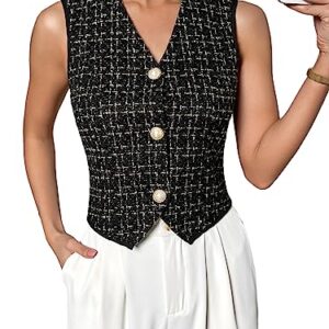 WDIRARA Women's Asymmetrical Hem Button Front Crop Blazer Sleeveless V Neck Blazer Vest Black M