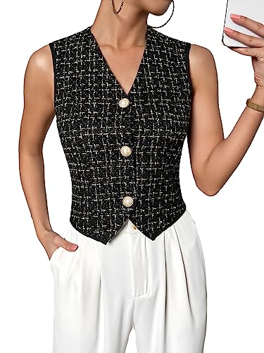 WDIRARA Women's Asymmetrical Hem Button Front Crop Blazer Sleeveless V Neck Blazer Vest Black M