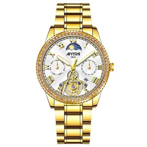 aiyishi unisex golden watches luxury diamond fashion waterproof stainless steel luminous calendar date quartz wrist watch for men and women