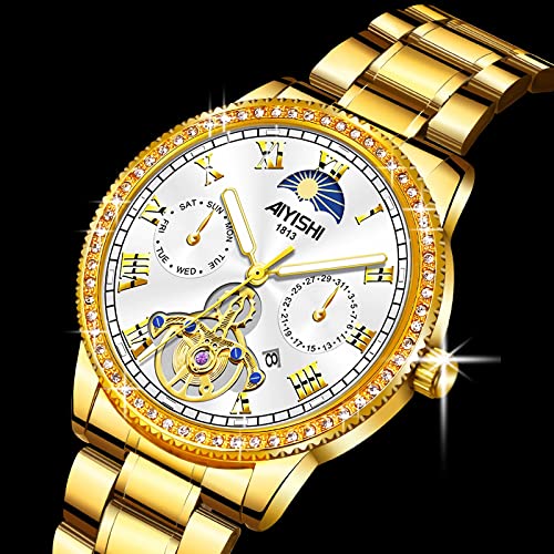 AIYISHI Unisex Golden Watches Luxury Diamond Fashion Waterproof Stainless Steel Luminous Calendar Date Quartz Wrist Watch for Men and Women