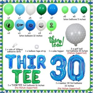 Golf 30th Birthday Decorations for Men, Thir-Tee Balloon Garland Kit with Glitter Thirtee Cake Topper, Golf Ball Balloons, Number 30 Balloon, Sports 30th Birthday Party Supplies