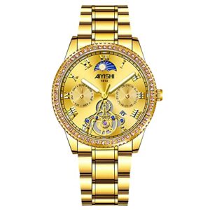 aiyishi unisex golden watches luxury diamond fashion waterproof stainless steel luminous calendar date quartz wrist watch for men and women (gold dial)