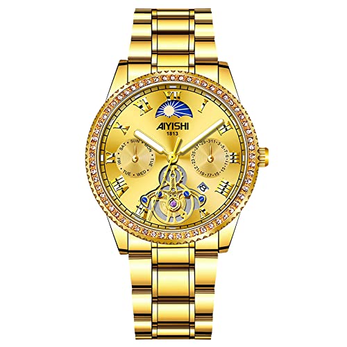 AIYISHI Unisex Golden Watches Luxury Diamond Fashion Waterproof Stainless Steel Luminous Calendar Date Quartz Wrist Watch for Men and Women (Gold dial)