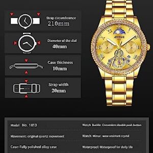 AIYISHI Unisex Golden Watches Luxury Diamond Fashion Waterproof Stainless Steel Luminous Calendar Date Quartz Wrist Watch for Men and Women (Gold dial)