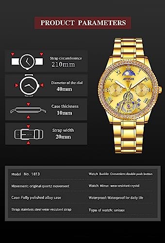 AIYISHI Unisex Golden Watches Luxury Diamond Fashion Waterproof Stainless Steel Luminous Calendar Date Quartz Wrist Watch for Men and Women (Gold dial)