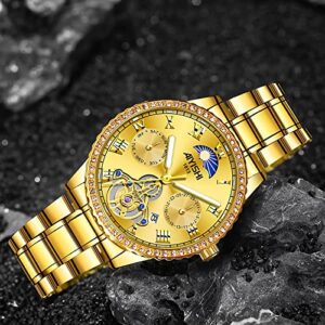 AIYISHI Unisex Golden Watches Luxury Diamond Fashion Waterproof Stainless Steel Luminous Calendar Date Quartz Wrist Watch for Men and Women (Gold dial)