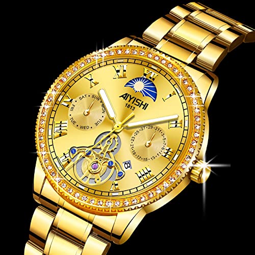 AIYISHI Unisex Golden Watches Luxury Diamond Fashion Waterproof Stainless Steel Luminous Calendar Date Quartz Wrist Watch for Men and Women (Gold dial)