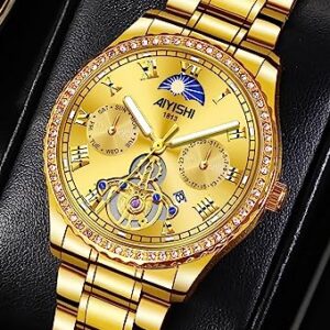 AIYISHI Unisex Golden Watches Luxury Diamond Fashion Waterproof Stainless Steel Luminous Calendar Date Quartz Wrist Watch for Men and Women (Gold dial)