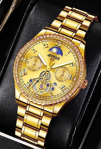 AIYISHI Unisex Golden Watches Luxury Diamond Fashion Waterproof Stainless Steel Luminous Calendar Date Quartz Wrist Watch for Men and Women (Gold dial)