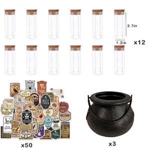 65Pcs Halloween Potion Bottles Set for Halloween Party - 12Pcs Mini Potion Vials, 50Pcs Halloween Stickers, 3Pcs Witch Cauldron - Witch Brew Halloween Party Favor, Halloween Home Kitchen Decoration