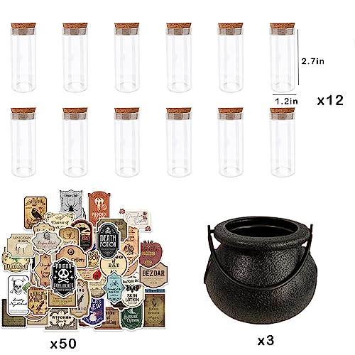 65Pcs Halloween Potion Bottles Set for Halloween Party - 12Pcs Mini Potion Vials, 50Pcs Halloween Stickers, 3Pcs Witch Cauldron - Witch Brew Halloween Party Favor, Halloween Home Kitchen Decoration