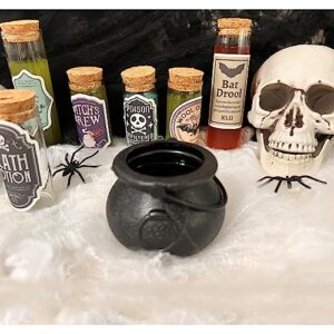 65Pcs Halloween Potion Bottles Set for Halloween Party - 12Pcs Mini Potion Vials, 50Pcs Halloween Stickers, 3Pcs Witch Cauldron - Witch Brew Halloween Party Favor, Halloween Home Kitchen Decoration