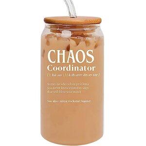 chaos coordinator gifts - 16 oz iced coffee glass cup with bamboo lid and straw - thank you gifts for coworker, boss lady gifts for women, birthday gifts for manager, office, teacher, mom, her, nurse