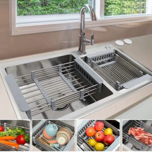 Expandable Colander Dish Drying Rack Over the Sink Drain Rack for Kitchen Sink Strainer Basket Rinse Drain Dry Vegetable Fruit Dishes Kitchen Rack