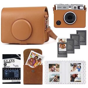 caiyoule protective camera case for fujifilm instax mini evo camera protective pu leather carrying bag with mini photo pouch, album, frames, screen protector accessories kit - vintage brown