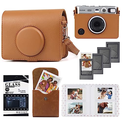 CAIYOULE Protective Camera Case for Fujifilm Instax Mini EVO Camera Protective PU Leather Carrying Bag with Mini Photo Pouch, Album, Frames, Screen Protector Accessories Kit - Vintage Brown