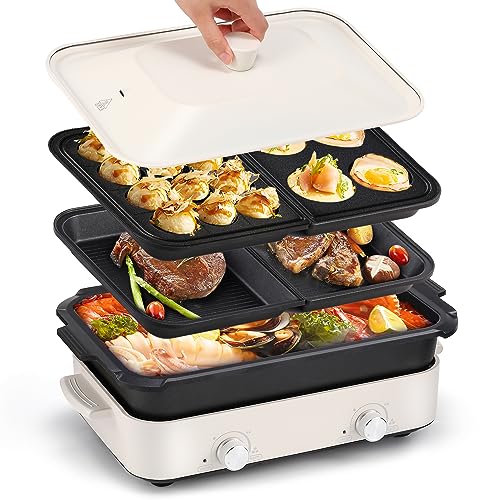 Moongiantgo Electric Indoor Hot Pot Grill, 5 Removable Plates Dual Temperature Control, Multipurpose Hotpot Pot Electric with Grill, Perfect for Korean BBQ, Takoyaki, Pancakes, Smokeless, 110V