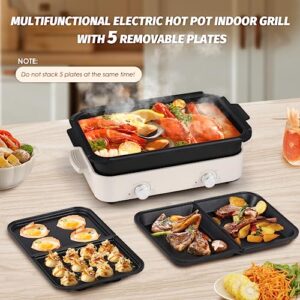 Moongiantgo Electric Indoor Hot Pot Grill, 5 Removable Plates Dual Temperature Control, Multipurpose Hotpot Pot Electric with Grill, Perfect for Korean BBQ, Takoyaki, Pancakes, Smokeless, 110V