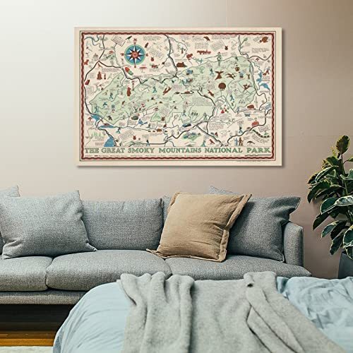 KAYAMU The Great Smoky Mountains National Park 1939 Antique Wall Art Map USA Vintage Canvas Wall Art Print Poster for Home School Office Decor Frame 24x36inch(60x90cm)