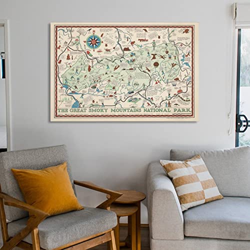 KAYAMU The Great Smoky Mountains National Park 1939 Antique Wall Art Map USA Vintage Canvas Wall Art Print Poster for Home School Office Decor Frame 24x36inch(60x90cm)