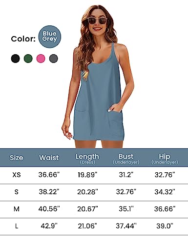 Faleave Women's Summer Sleeveless Mini Dress Athletic Dress Spaghetti Strap Short Tennis Dress with Pockets(Bluegrey-S)