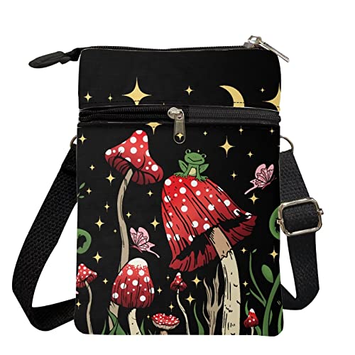 Xpyiqun Mushroom Frog Mini Crossbody Bag Women Phone Purse Canvas Messenger Bags Moon Star Cross Body Pouches for Teen Girls Kids Cute Stuff Shoulder Handbag Travel Wallet Storage Pouch