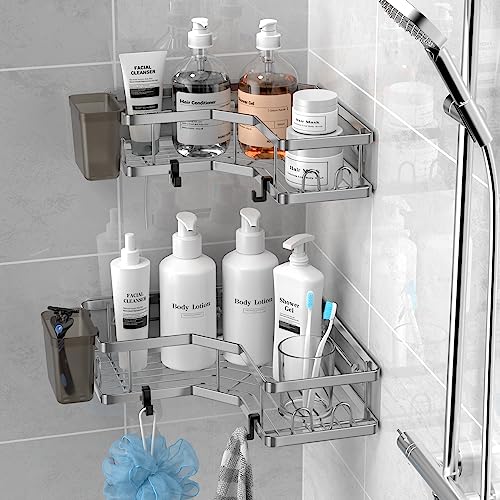 Corner Shower Caddy Bathroom Organizer: 2 Pack Adhesive Shower Shelf Decor- No Drilling Stainless Steel Shower Storage Rack with Hooks and Toothpaste Holder - Bathroom Accessories Shower Stuff