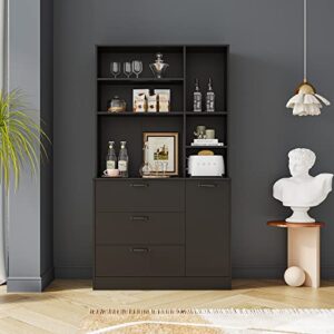 bellemave pantry storage cabinet with drawers & open shelves freestanding kitchen cupboard buffet cabinet tall utility storage cabinet for kitchen living room bathroom home office, black