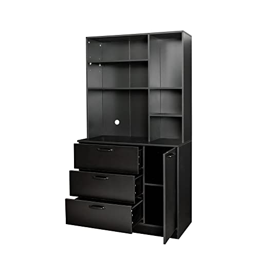 Bellemave Pantry Storage Cabinet with Drawers & Open Shelves Freestanding Kitchen Cupboard Buffet Cabinet Tall Utility Storage Cabinet for Kitchen Living Room Bathroom Home Office, Black