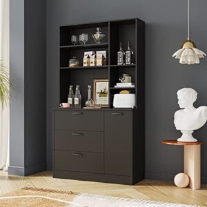 Bellemave Pantry Storage Cabinet with Drawers & Open Shelves Freestanding Kitchen Cupboard Buffet Cabinet Tall Utility Storage Cabinet for Kitchen Living Room Bathroom Home Office, Black