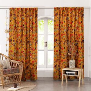 velvet curtains, luxury drapes for living & bedroom curtains, many color velvet curtains, boho custom curtains window treatments panels, floral & bird (1, yellow, 47 w x 84 l)