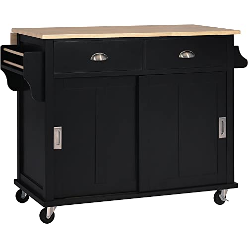 Kitchen Utility Cart, Rolling Kitchen Island on 4 Wheels with Sliding Barn Door, Mobile Kitchen Cart with Rubber Wood Drop Leaf Countertop, Kitchen Storage Cabinet with 2 Drawers & Spice Rack, Black