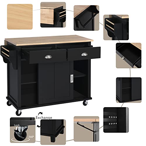 Kitchen Utility Cart, Rolling Kitchen Island on 4 Wheels with Sliding Barn Door, Mobile Kitchen Cart with Rubber Wood Drop Leaf Countertop, Kitchen Storage Cabinet with 2 Drawers & Spice Rack, Black