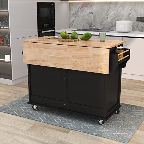 Kitchen Utility Cart, Rolling Kitchen Island on 4 Wheels with Sliding Barn Door, Mobile Kitchen Cart with Rubber Wood Drop Leaf Countertop, Kitchen Storage Cabinet with 2 Drawers & Spice Rack, Black