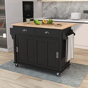 Kitchen Utility Cart, Rolling Kitchen Island on 4 Wheels with Sliding Barn Door, Mobile Kitchen Cart with Rubber Wood Drop Leaf Countertop, Kitchen Storage Cabinet with 2 Drawers & Spice Rack, Black