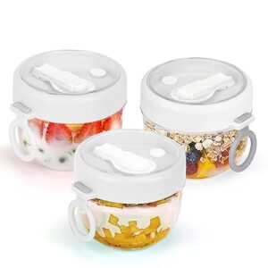 overnight oat containers with lids and spoons 3pcs, 20oz portable plastic yogurt jars, leakproof dessert cups for yogurt breakfast on the go cups, oatmeal jars snack containers (3white)