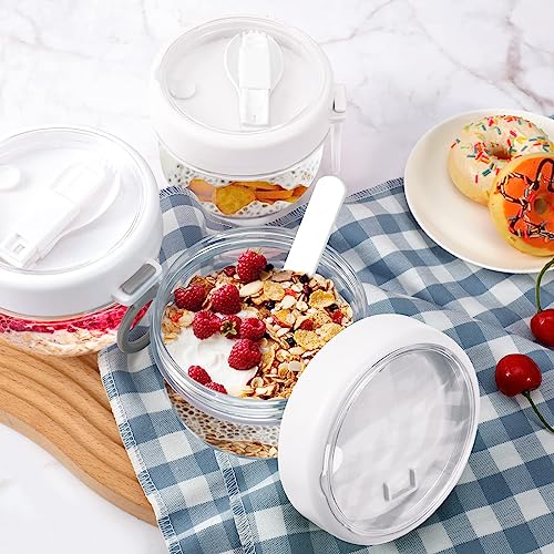 Overnight Oat Containers with Lids and Spoons 3PCS, 20oz Portable Plastic Yogurt Jars, Leakproof Dessert Cups for Yogurt Breakfast On The Go Cups, Oatmeal Jars Snack Containers (3white)