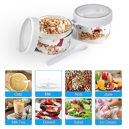 Overnight Oat Containers with Lids and Spoons 3PCS, 20oz Portable Plastic Yogurt Jars, Leakproof Dessert Cups for Yogurt Breakfast On The Go Cups, Oatmeal Jars Snack Containers (3white)