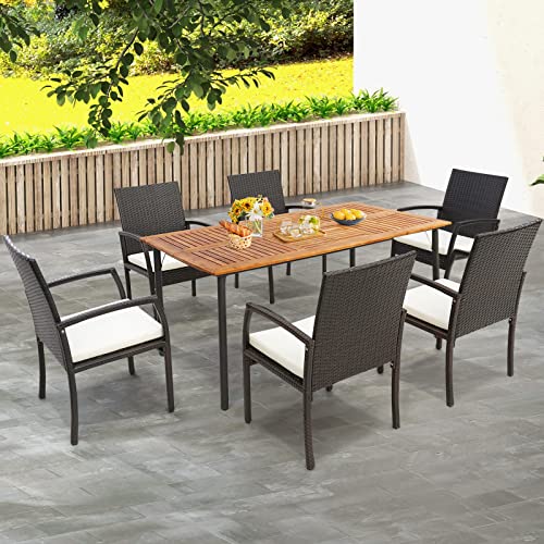 Tangkula Patio Acacia Wood Dining Table for 6 Persons, Large Rectangular Dining Table with Metal Legs, Umbrella Hole, Farmhouse Indoor Outdoor Dining Furniture for Yard Deck Lawn, 63”L x 36”W x 30”H