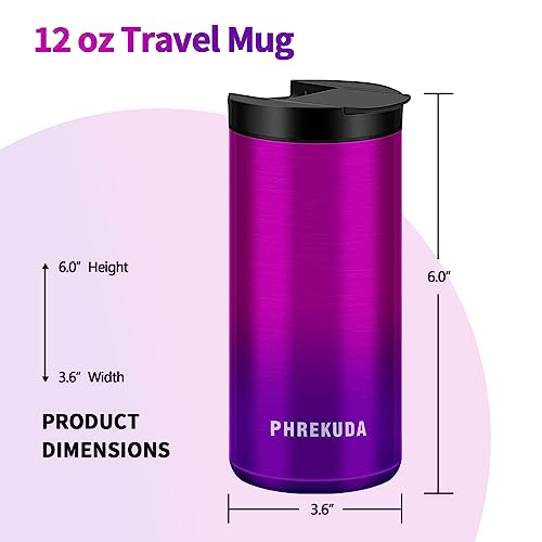 PHREKUDA Travel Mug Coffee Mug Coffee Tumbler with Seal Lid Spill Proof 12oz Stainless Steel Vacuum Insulated for Hot and Cold Coffee Tea Water Gifts for Birthday/Thanksgiving/Christmas (red)