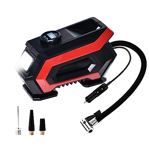 CarCome Portable Tire Inflator, Powerful 150 PSI Air Compressor with Digital Pressure Gauge and Emergency LED Light, Ideal for Cars, Bikes, Balloons (Red)