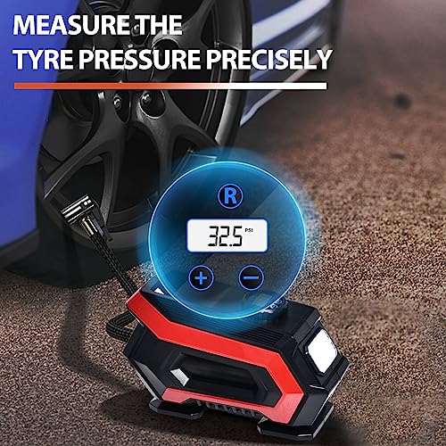 CarCome Portable Tire Inflator, Powerful 150 PSI Air Compressor with Digital Pressure Gauge and Emergency LED Light, Ideal for Cars, Bikes, Balloons (Red)