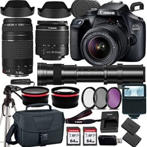 canon eos 4000d/rebel t100 dslr camera w/canon ef-s 18-55mm f/3.5-5.6 zoom lens+canon ef 75-300mm iii lens+420-800mm hd telephoto zoom lens+case+128memory cards (24pc)