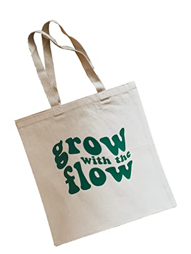 Reusable Canvas Tote Bag, Tote Bag For Women, Tote Bag For Men, Reusable Grocery Bag, Green Grow With The Flow Tote Bag, Aesthetic Tote Bag