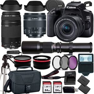 canon eos 250d / rebel sl3 dslr camera w/canon ef-s 18-55mm f/4-5.6 is stm lens+canon ef 75-300mm iii lens+500mm f/8.0 telephoto lens+case+128memory cards (24pc)