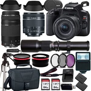 canon rebel sl3 / eos 250d dslr camera w/canon ef-s 18-55mm f/4-5.6 is stm lens+canon ef 75-300mm iii lens+500mm f/8.0 telephoto lens+case+128memory cards (24pc)