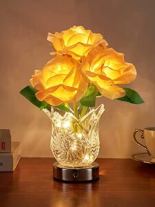 one fire flower lamp touch lamp, dimmable table lamp rose lamp, rechargeable cordless lamp, artificial flower lamp with glass vase, small lamp for bedroom bedroom living room, birthday gifts for her