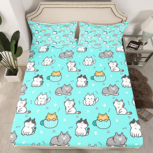 Erosebridal Kawaii Cats Bed Sheets Cartoon Animal Fitted Sheet Queen Size, Orange Gray Kitten Sheets Cute Pet Bedding, Teal Bed Cover Cat Lovers Gifts for Women Men, Microfiber 3pcs (Deep Pocket)